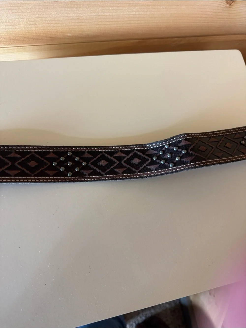 Red Dirt Hat brown tooled leather belt with old silver metal studs Size 32